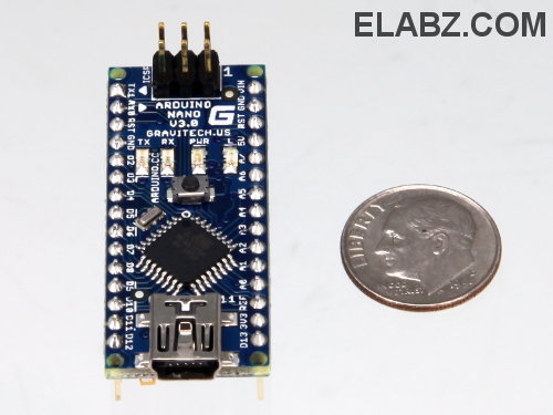 Arduino Nano V3.0 board and a dime coin - a size comparizon