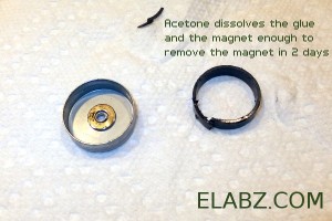 Once the acetone has done its work, the old magnet is easily removed